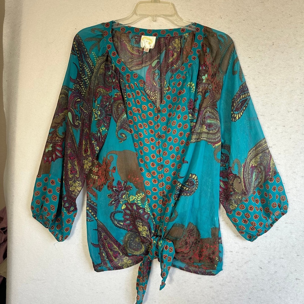 Fig and Flower Teal Paisley Tie Front Blouse XL 3/4 Sleeve Boho V-Neck Top